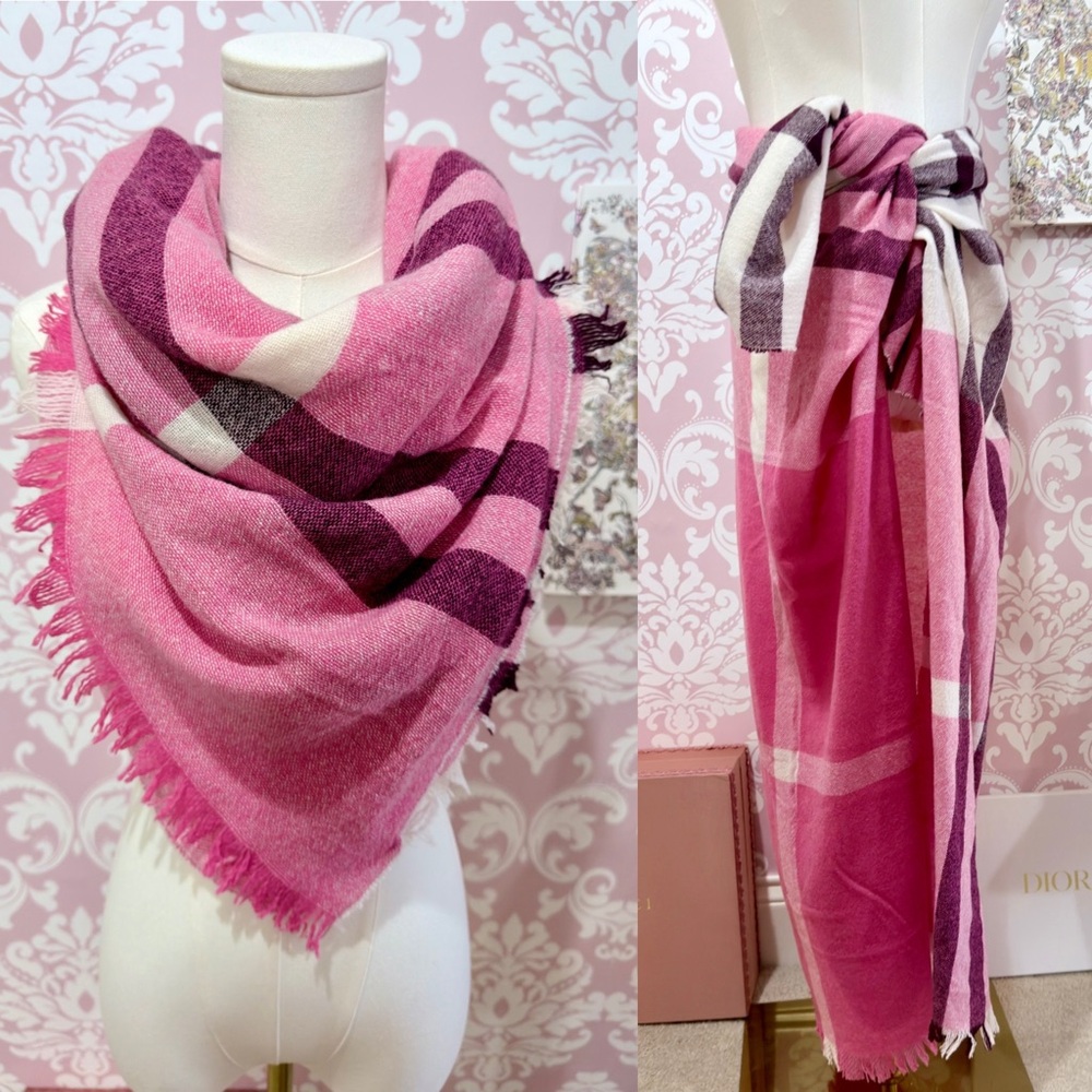 Reduced - Talbots Pink Plaid Fringe Wrap 
Scarf / Sarong - Picture 5 of 5